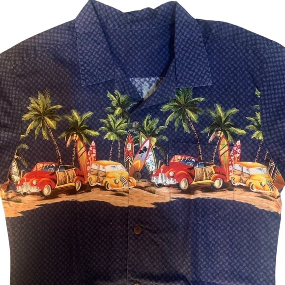 PALMWAVE HAWAIIAN BUTTON FRONT SHIRT-VINTAGE CARS, SURF BOARDS, PALM TREES L? - Picture 4 of 10
